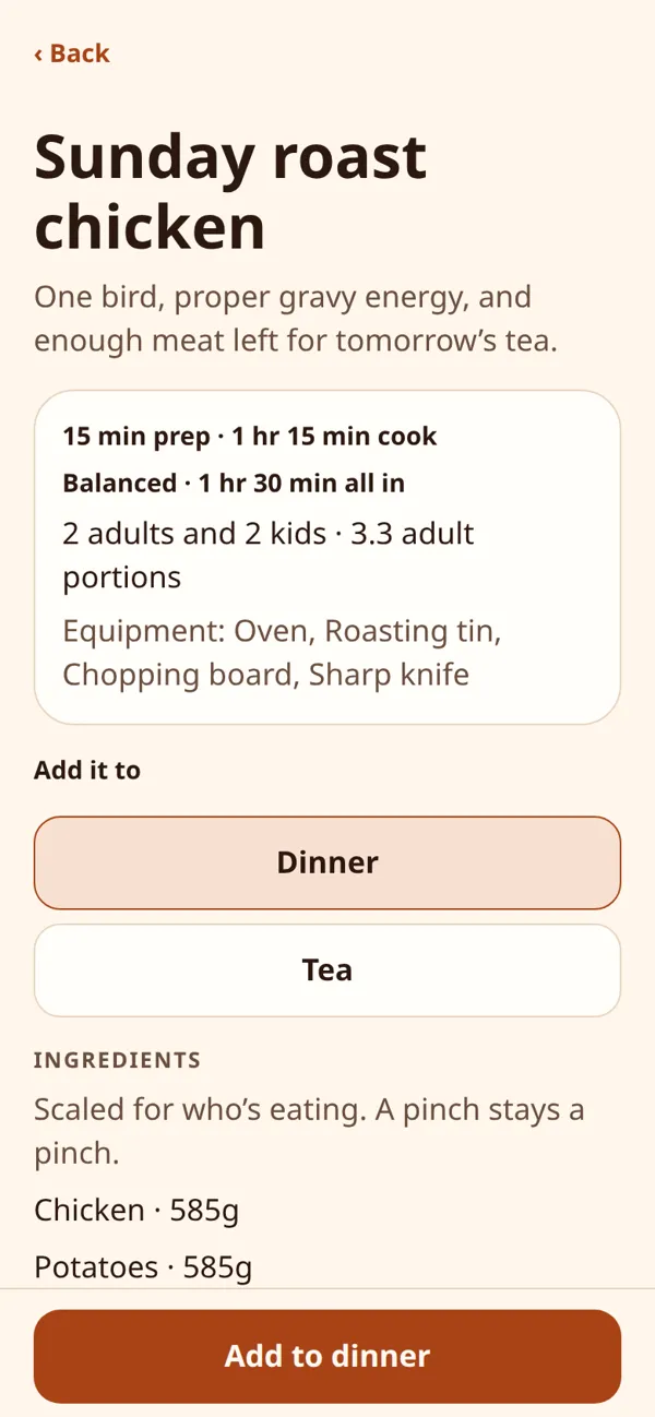 Cheeky Dad Chef recipe screen with portions scaled for the family